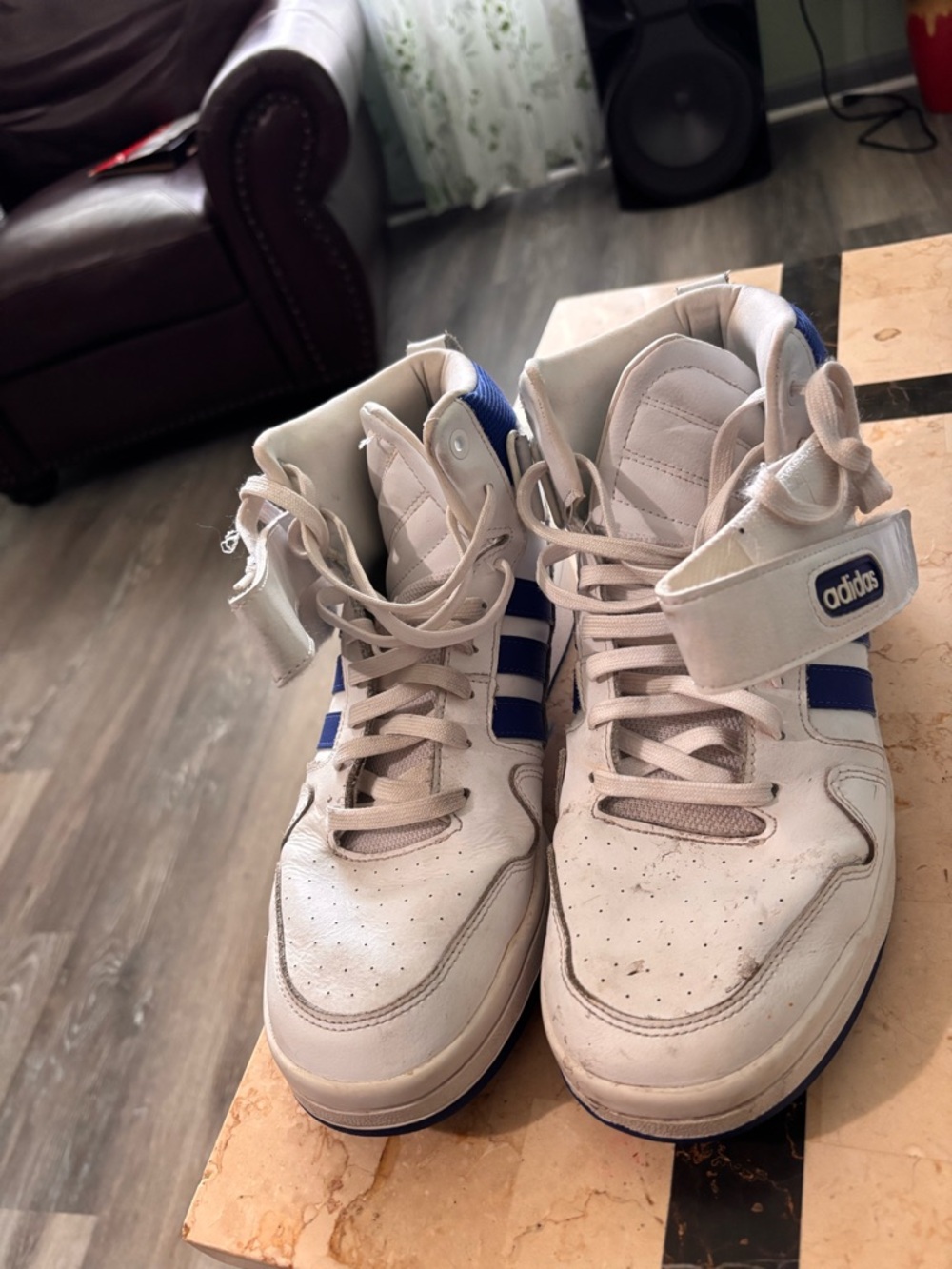 adidas White and Blue Mid-Top Sneakers with Ankle Strap